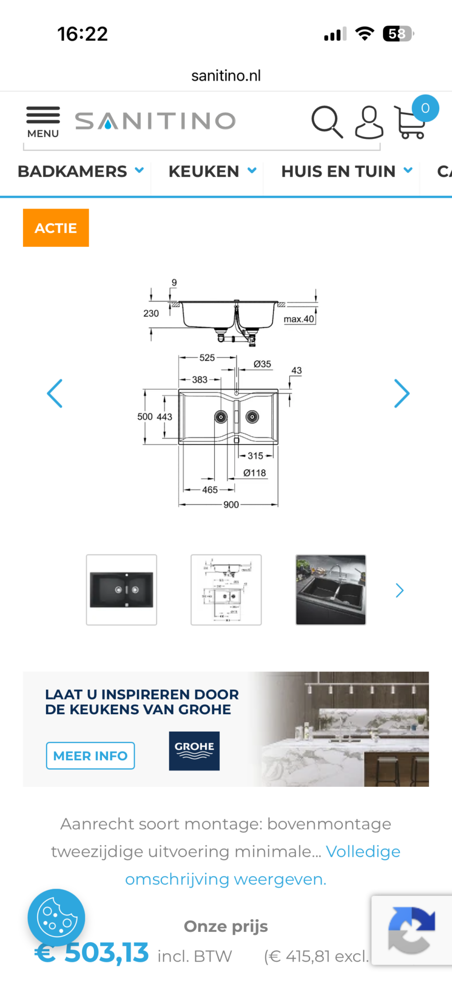 Nieuwe GROHE K700 Spoelbak 90×50 cm Zwart Graniet - Nieuw